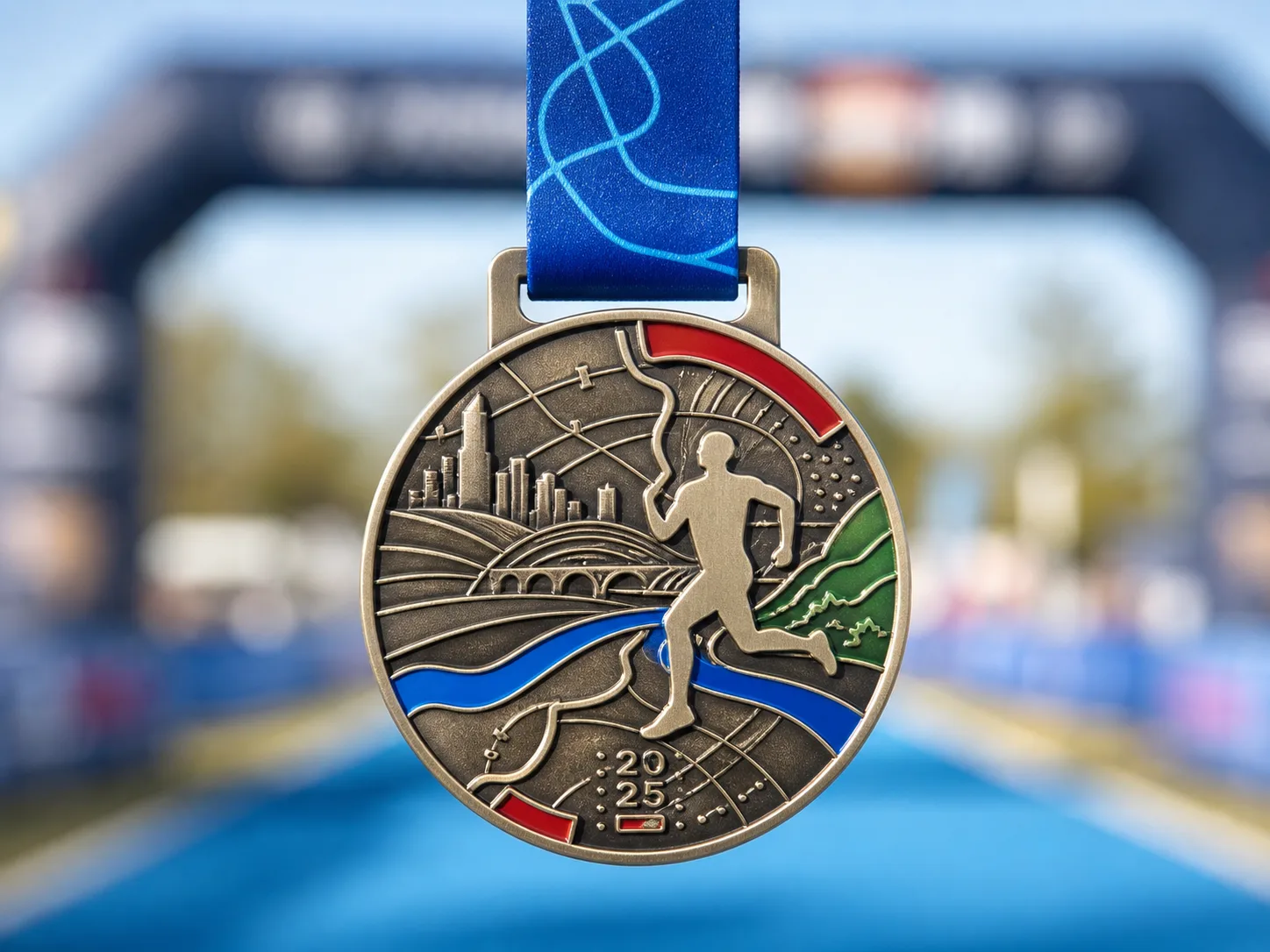 Detail van een hardloopmedaille met eigen ontwerp en lint